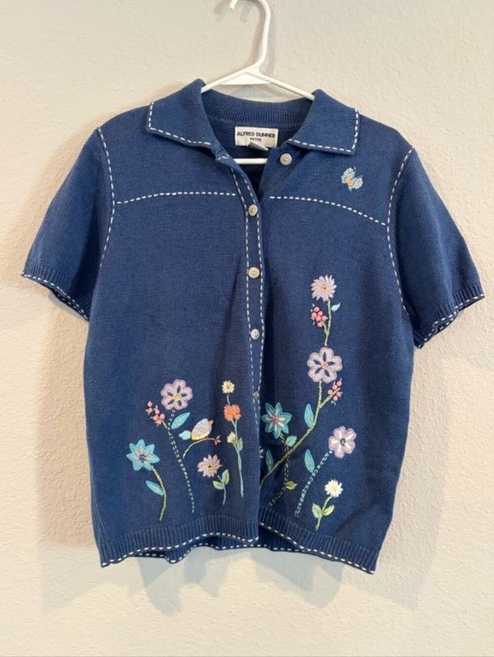 Alfred Dunner Vintage Womens Embroidered Floral Granny Short Sleeve Knit Sweater